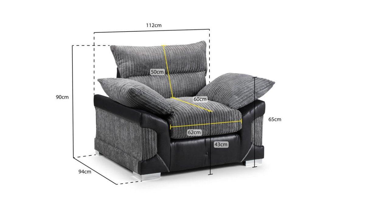 Grey corduroy armchair with black sides, plush cushions, and labeled dimensions in centimeters.