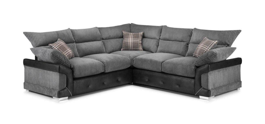 Modern grey corner sofa with corduroy fabric, black base, and plaid scatter cushions