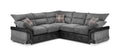 Modern grey corner sofa with corduroy fabric, black base, and plaid scatter cushions