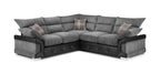Modern grey corner sofa with corduroy fabric, black base, and plaid scatter cushions