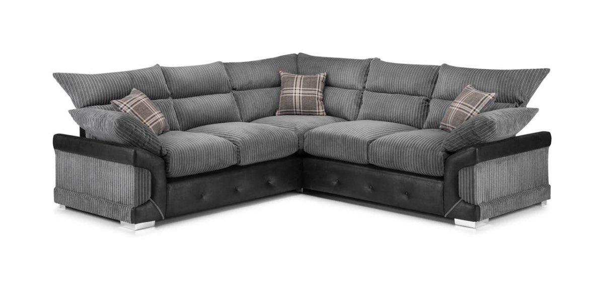 Modern grey corner sofa with corduroy fabric, black base, and plaid scatter cushions