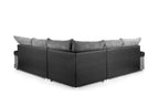 Modern black and grey corner sofa with striped cushions, viewed from the back on a white background.