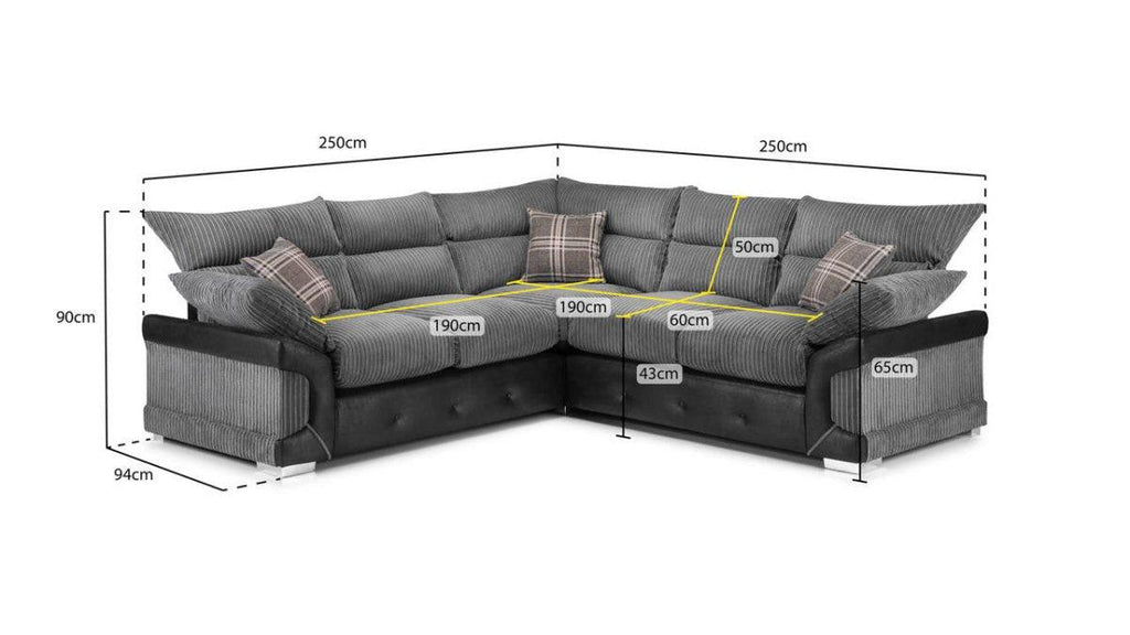 Grey corner sofa with cord upholstery, scatter cushions, and detailed size measurements in centimeters