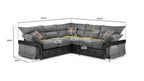Grey corner sofa with cord upholstery, scatter cushions, and detailed size measurements in centimeters