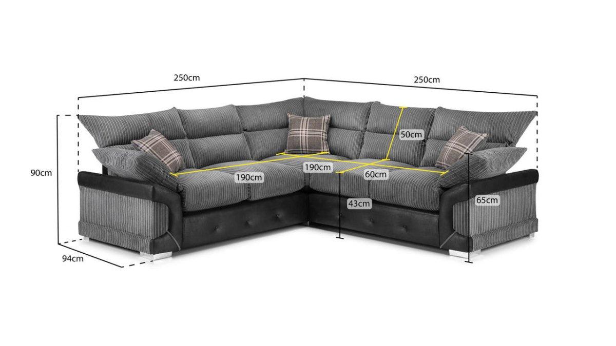 Grey corner sofa with cord upholstery, scatter cushions, and detailed size measurements in centimeters