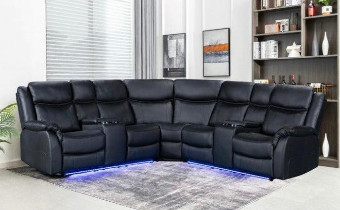 Black corner recliner sofa with LED lights, cup holders, and modern living room decor.