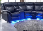 Black recliner corner sofa with blue LED lights and cup holder in modern living room