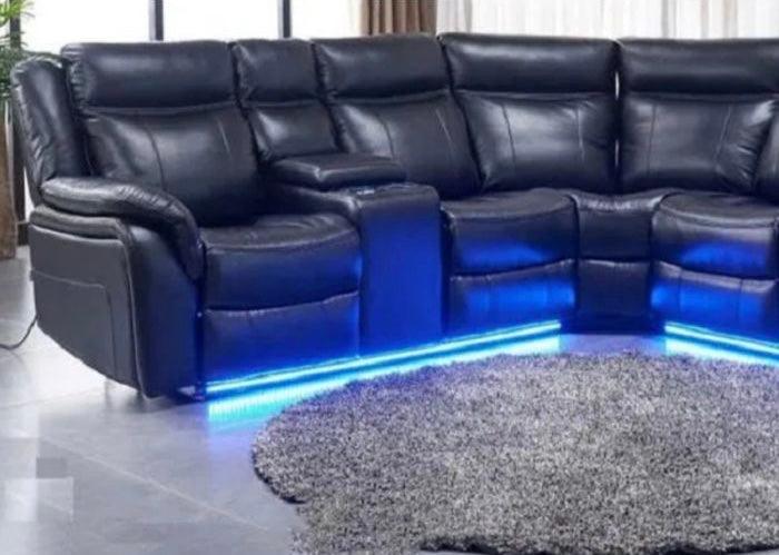Black recliner corner sofa with blue LED lights and cup holder in modern living room