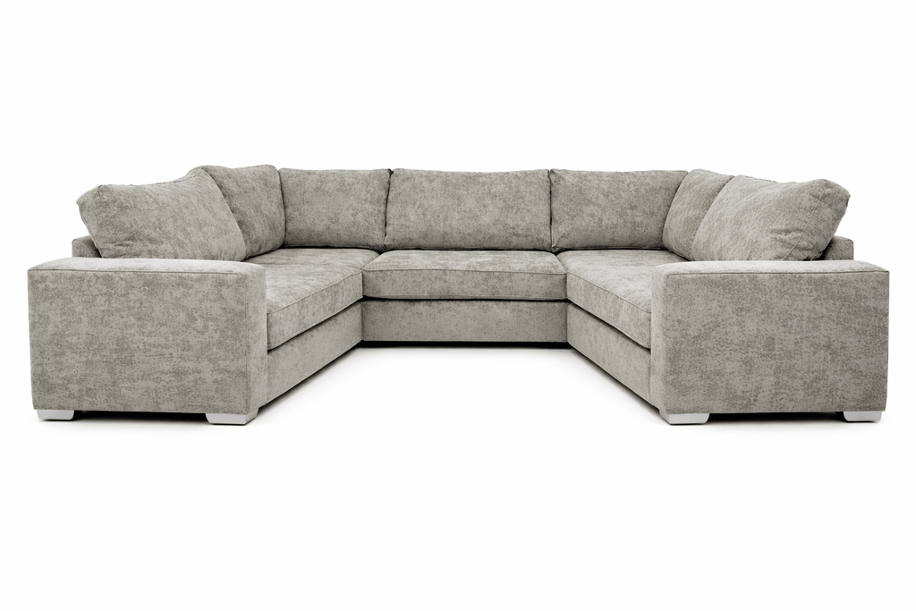 Modern light grey U-shaped fabric sofa with wide arms and plush cushions
