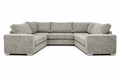 Modern light grey U-shaped fabric sofa with wide arms and plush cushions