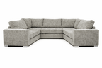 Modern light grey U-shaped fabric sofa with wide arms and plush cushions