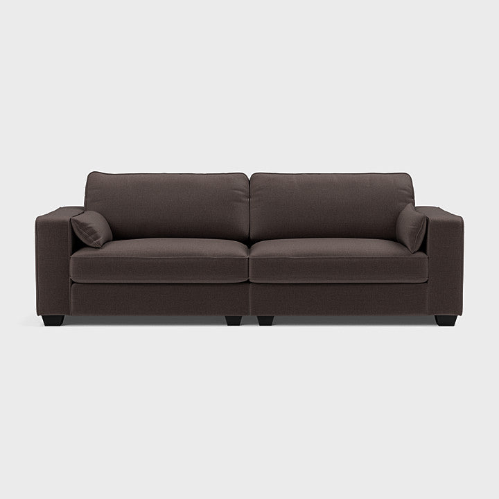 Modern double espresso brown fabric sofa with wide armrests and plush cushions