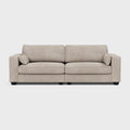 Large beige fabric sofa with square arms and two cushions on a plain background