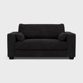 Modern black fabric loveseat sofa with square arms and two cushions on a light background