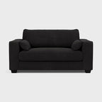 Modern black fabric loveseat sofa with square arms and two cushions on a light background