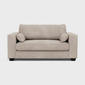 Beige love seat sofa with square arms and two side cushions on a white background