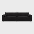 Modern black XL fabric sofa with square arms and cushions on a white background