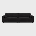 Modern black XL fabric sofa with square arms and cushions on a white background
