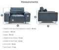 Grey armchair with measurements, high back, wide arms, deep seat, modern design.