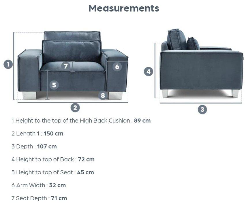 Grey armchair with measurements, high back, wide arms, deep seat, modern design.