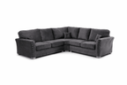 Modern grey corner sofa with studded arms, plush cushions, and silver legs on white background