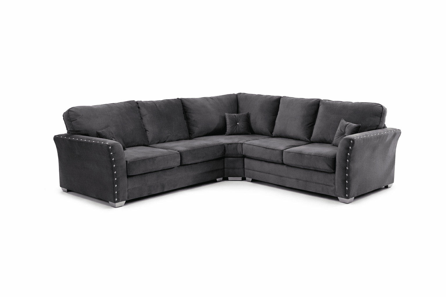 Modern grey corner sofa with studded arms, plush cushions, and silver legs on white background