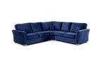 Modern blue velvet corner sofa with studded arms and plush cushions on white background