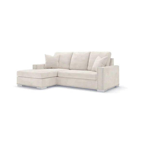 Light grey right-hand small corner sofa with cushions and studded detailing