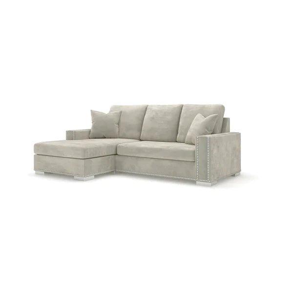 Grey right-hand corner sofa with chaise, modern design and silver stud detailing