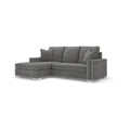 Grey right-hand small corner sofa with studded trim and plush cushions on white background