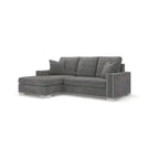 Grey right-hand small corner sofa with studded trim and plush cushions on white background
