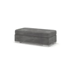 Grey rectangular footstool with metal stud trim and chrome legs on a white background