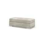 Grey upholstered rectangular footstool with studded detail and low legs, modern living room decor