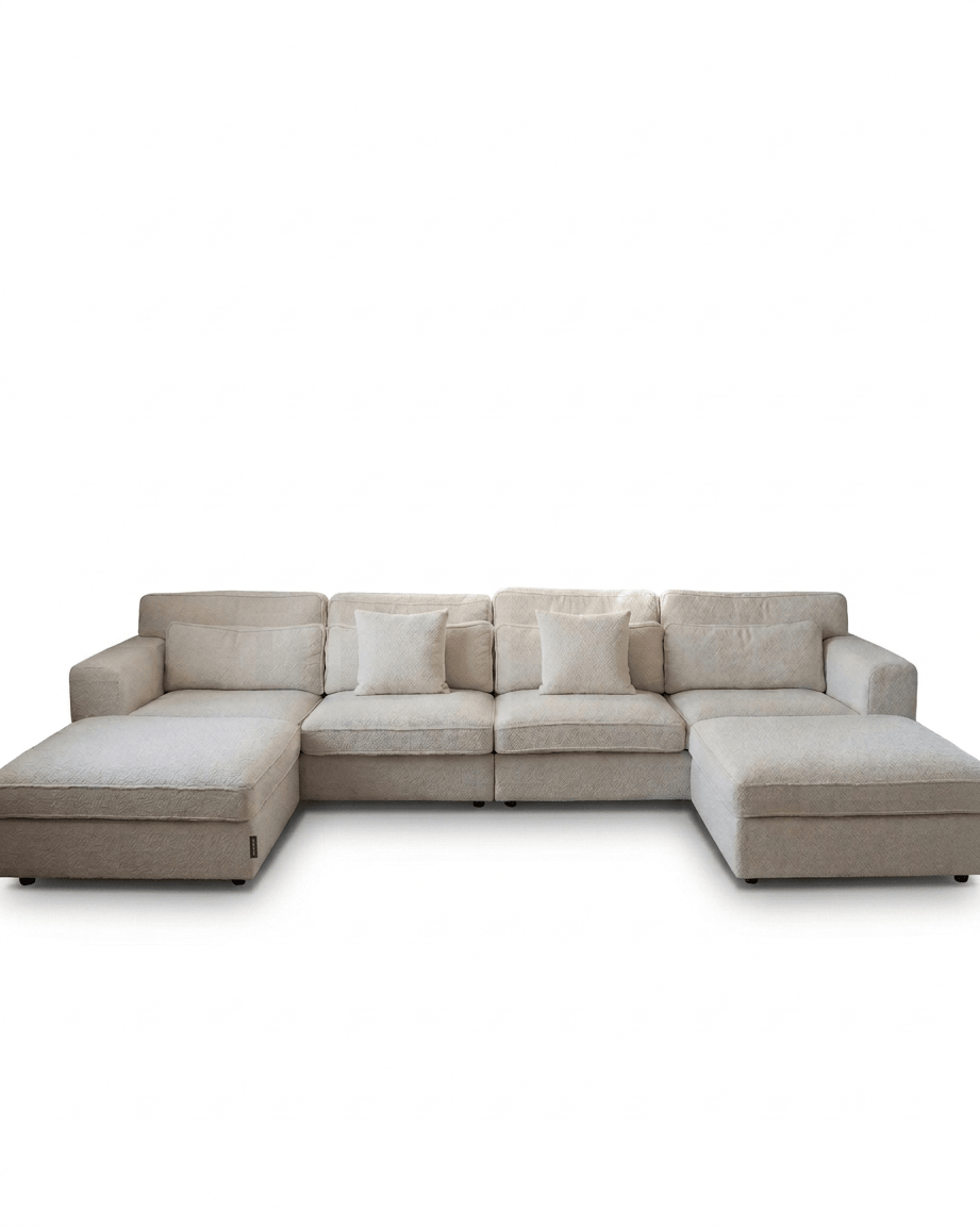 Large U-shape creamy boucle sofa with chaise lounges and accent cushions