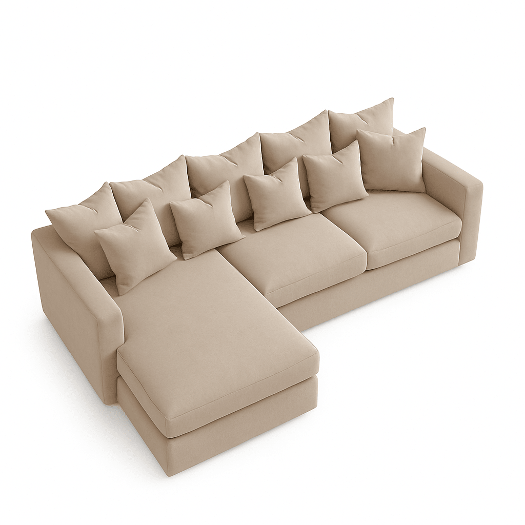 Large right-hand cream velvet corner sofa with chaise and scatter cushions