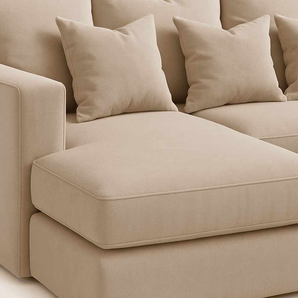 Plush cream velvet right-hand sectional sofa with large cushions and modern design