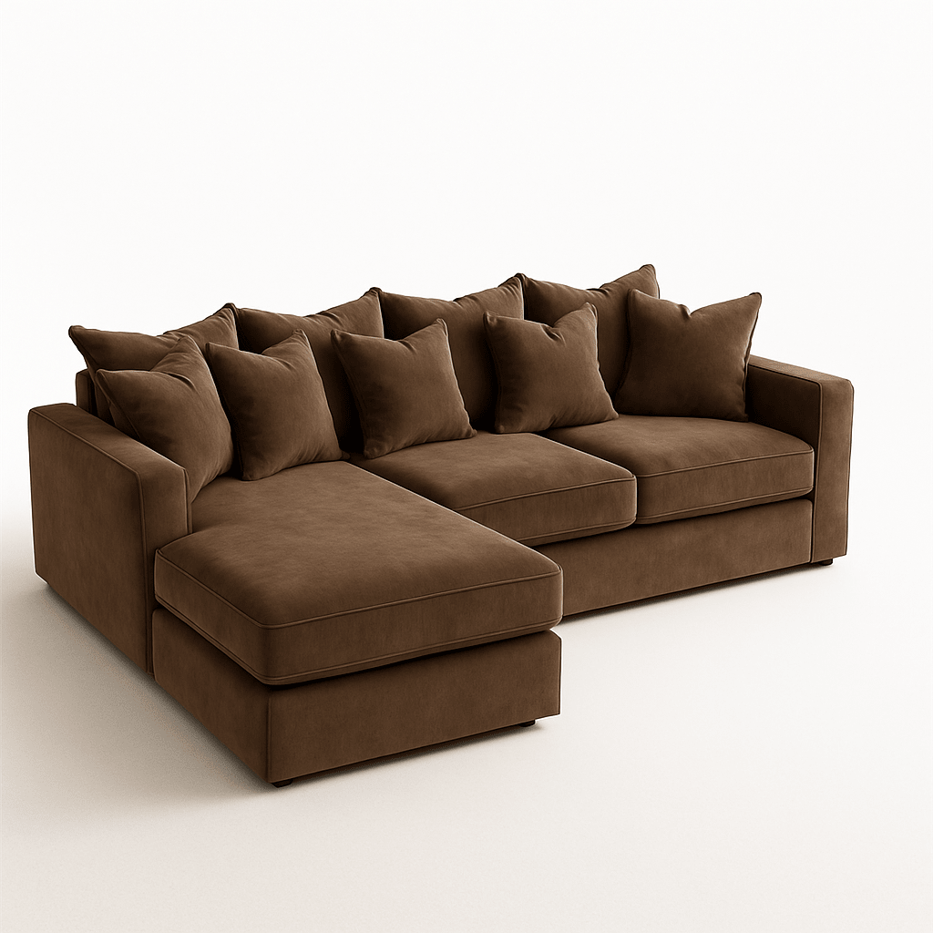 Large right hand sectional sofa in plush brown velvet with scatter cushions, modern design
