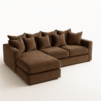 Large right hand sectional sofa in plush brown velvet with scatter cushions, modern design