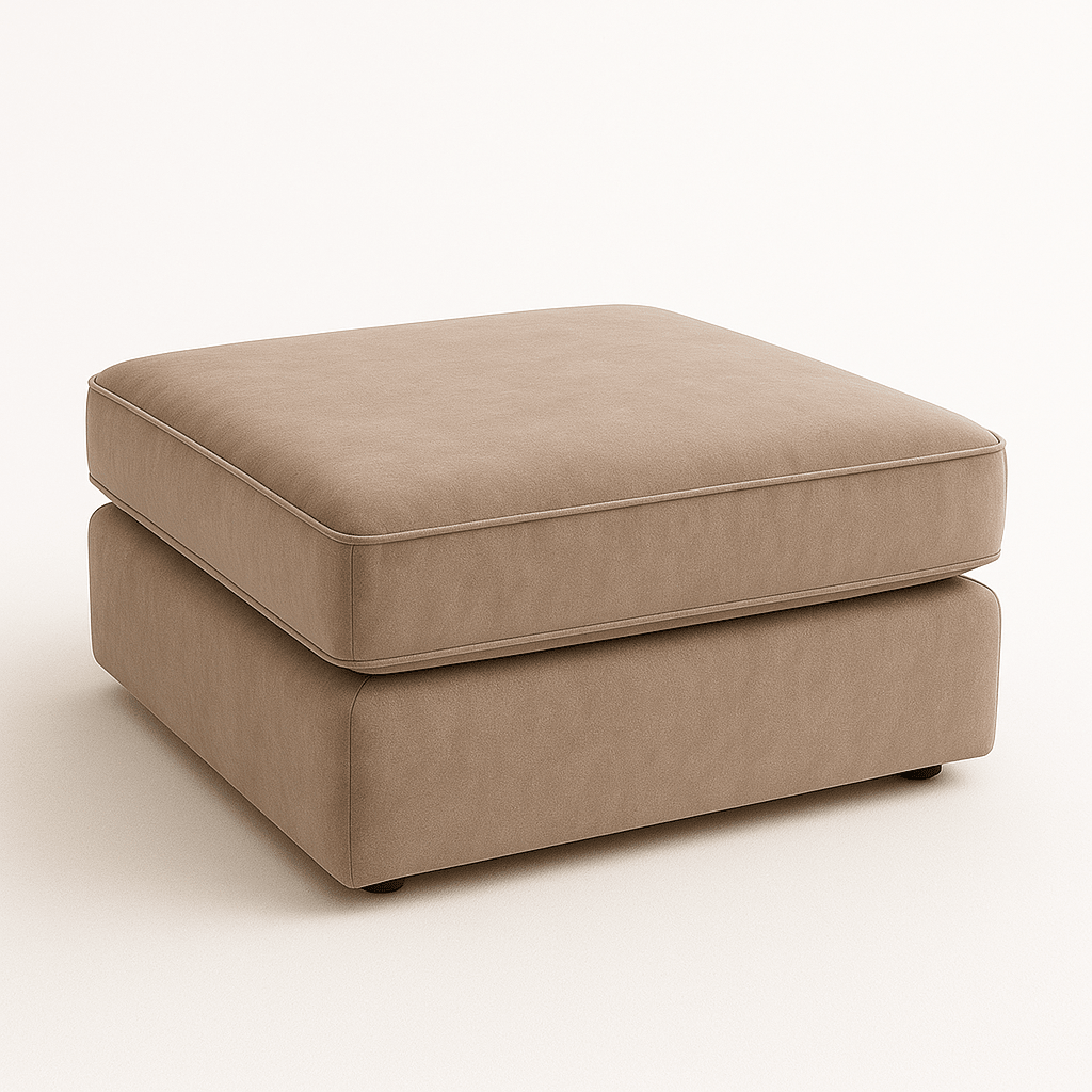 Large square cream velvet ottoman with plush cushioned top on white background