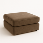 Large brown velvet ottoman with plush cushion on a white background
