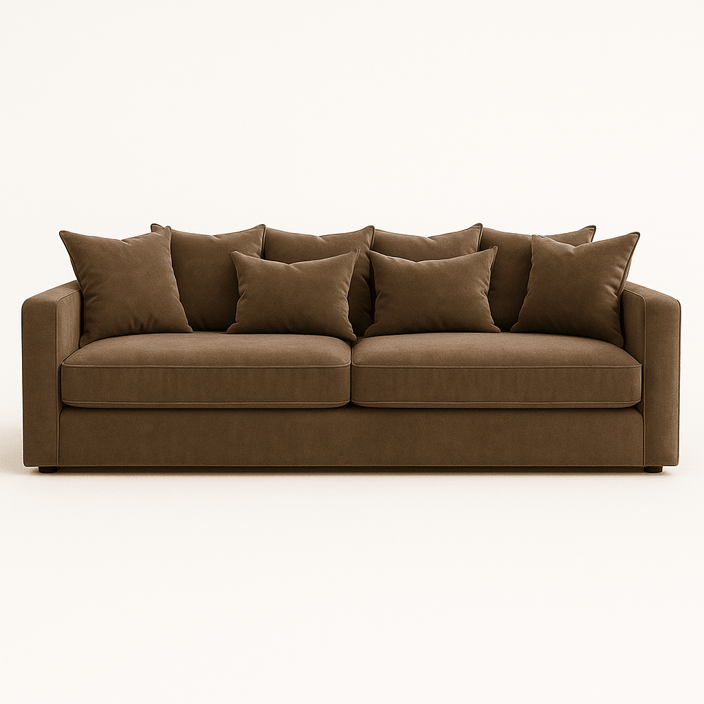 Large right-hand plush cream velvet sofa with six matching scatter cushions, modern style