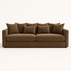Large right-hand plush cream velvet sofa with six matching scatter cushions, modern style