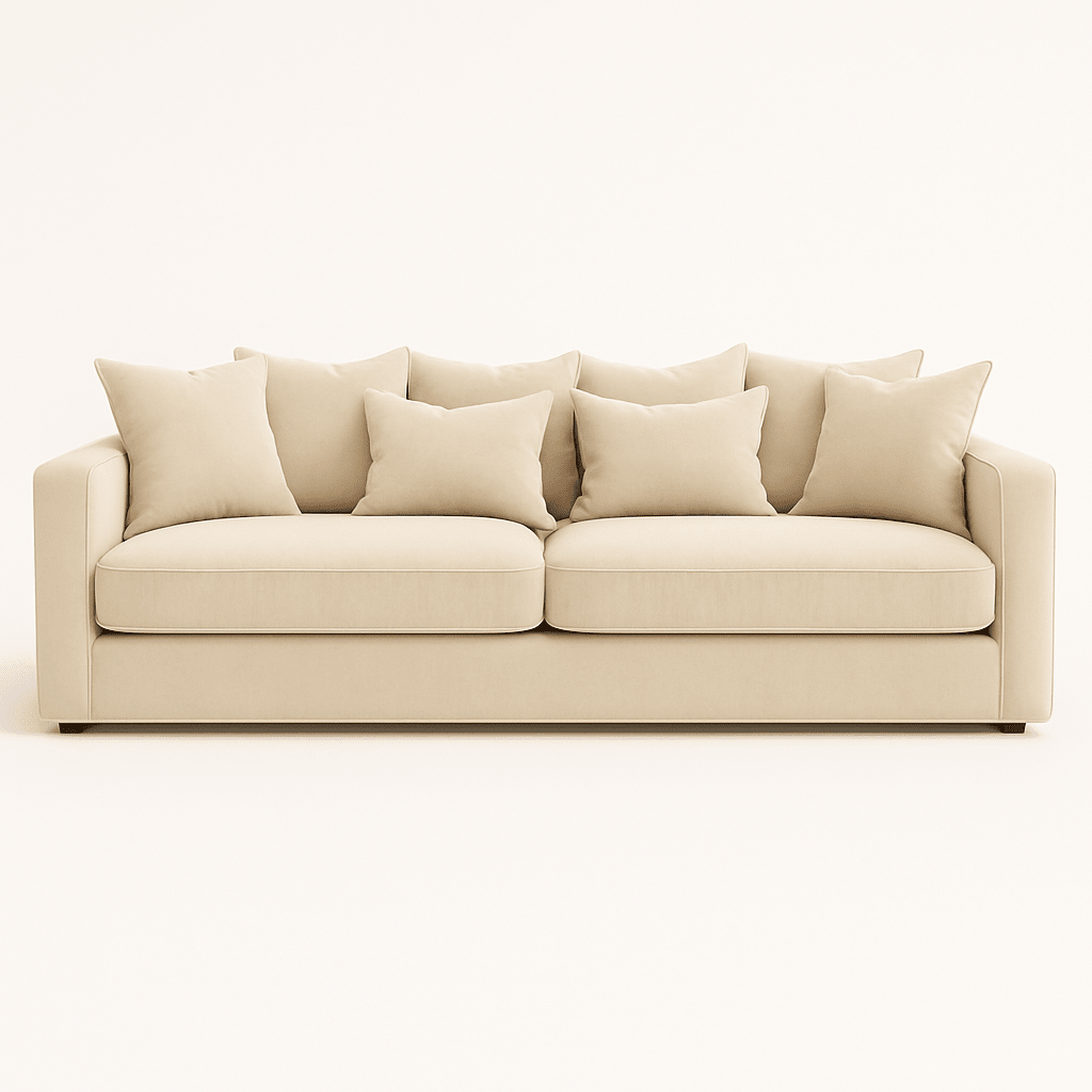Large cream velvet sofa with deep cushions and plush pillows on a neutral background