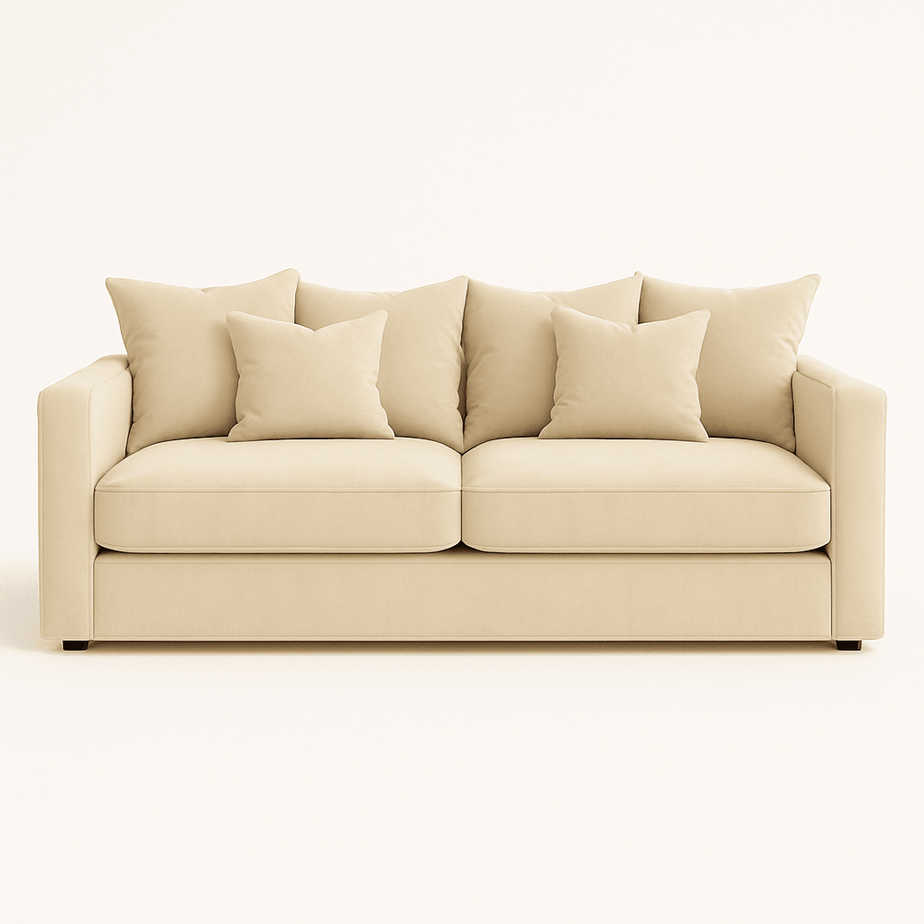 Large cream velvet sofa with five plush cushions, modern minimalist living room furniture