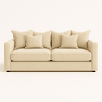 Large cream velvet sofa with five plush cushions, modern minimalist living room furniture