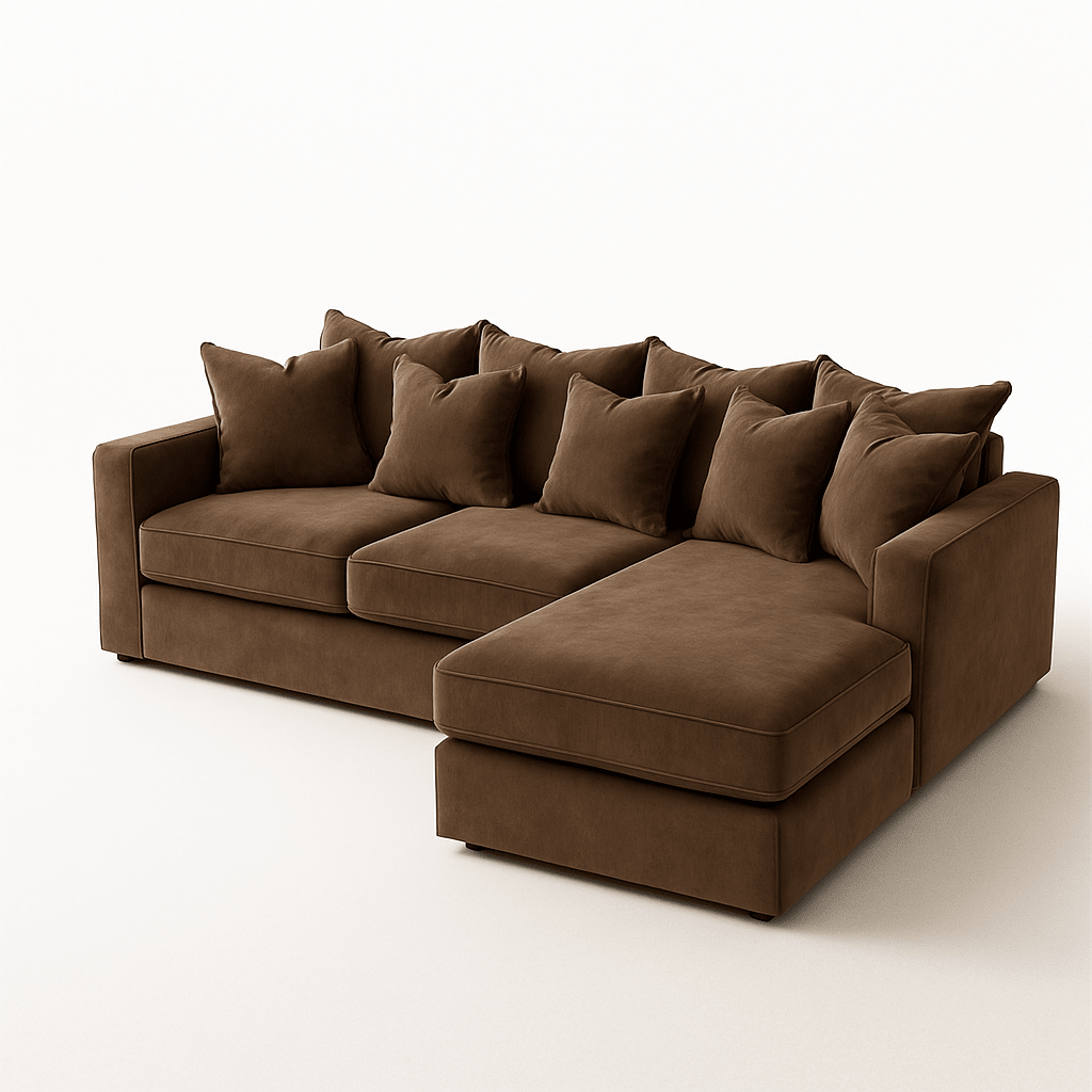 Large right hand facing velvet sectional sofa in plush brown with multiple scatter cushions