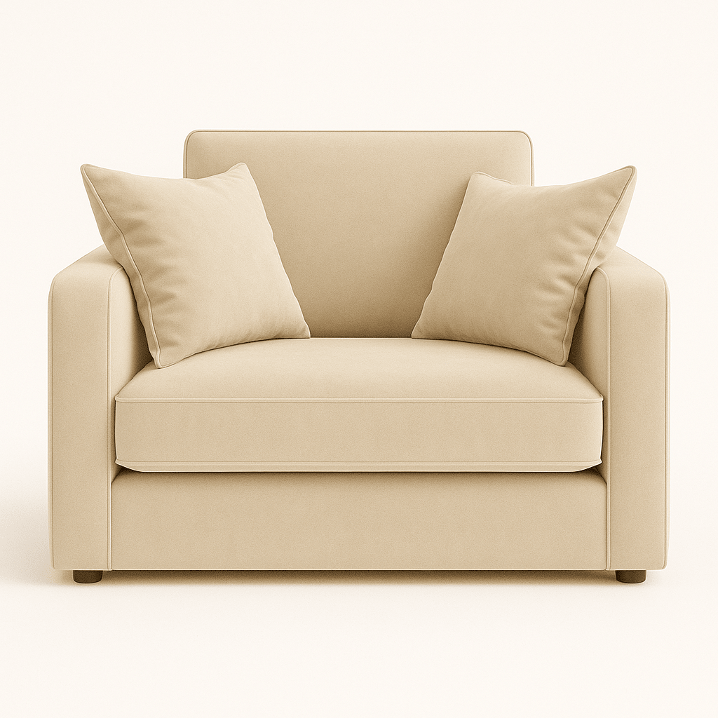 Plush cream velvet sofa with two cushions, modern square arm design, neutral background