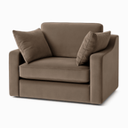 Plush brown velvet armchair with two matching cushions on a white background