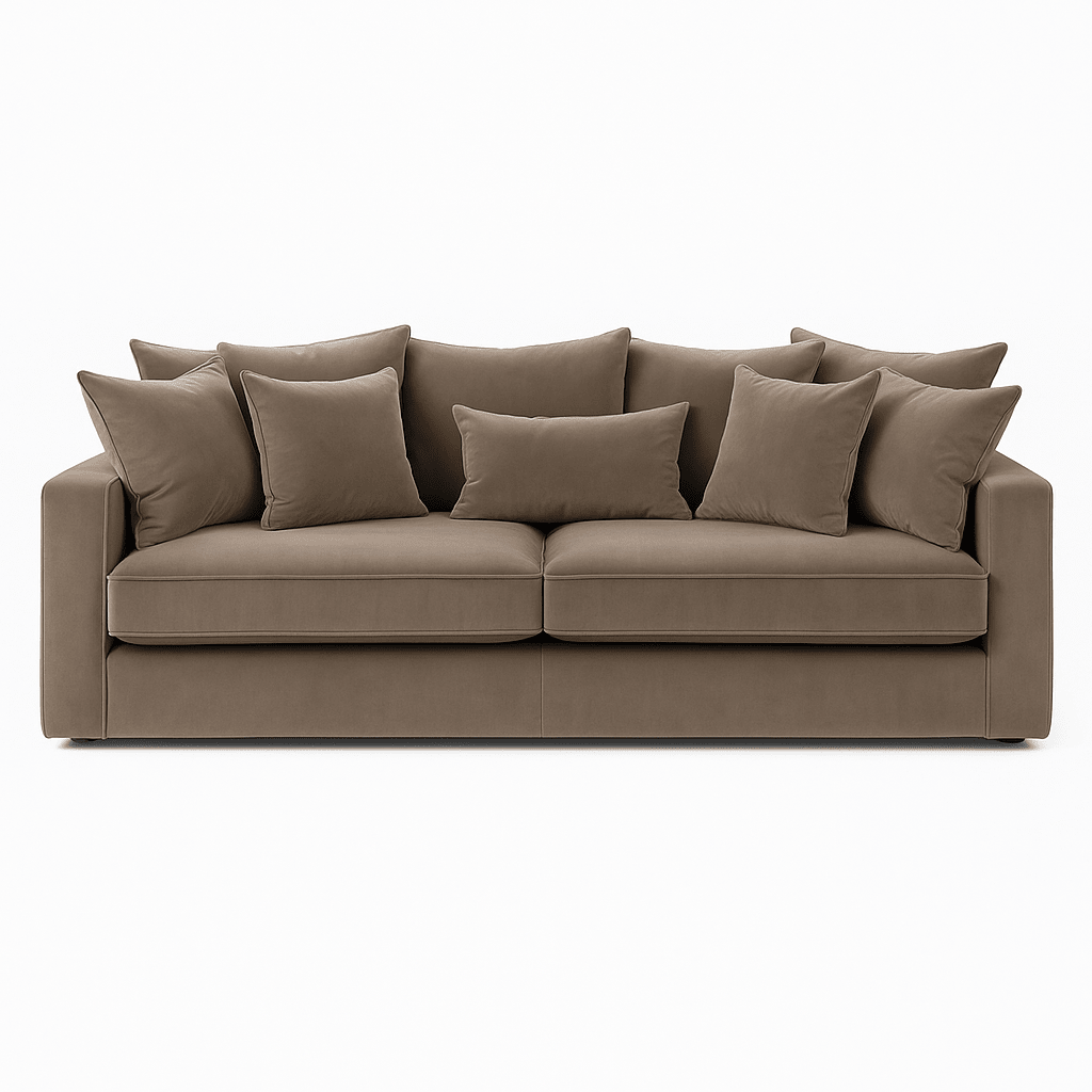 Large right hand sofa in plush cream sienna velvet with multiple matching cushions