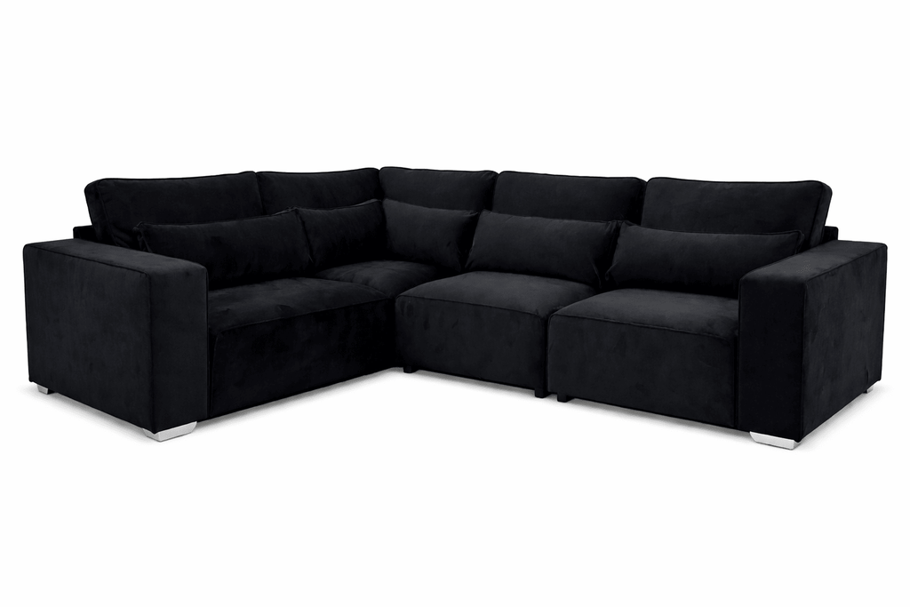 Modern black modular corner sofa with plush cushions, four-piece sectional design